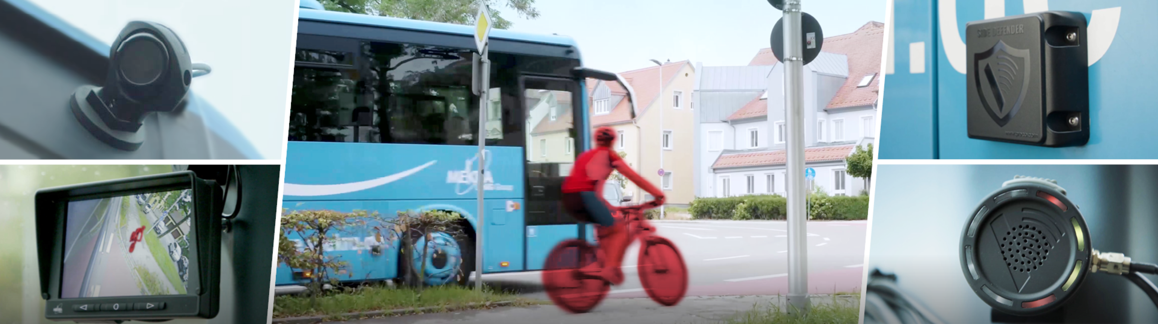 Banner ist in 5 Segmente unterteilt. Links oben Seitenkamera, links unten Monitor. Mitte Fahrradfahrer, in rot markiert, rechts neben dem Bus. Rechts oben AAS Radar Sensor, Rechts unten Display. 